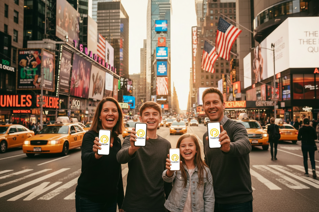 eSIM USA Famiglia Times Square con Logo
