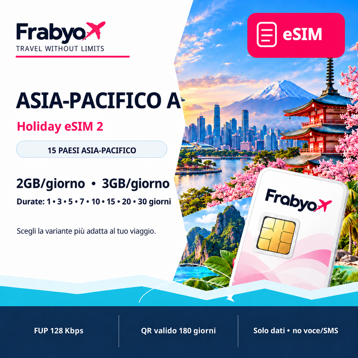 eSIM Asia-Pacifico A - 2GB o 3GB al giorno - Frabya