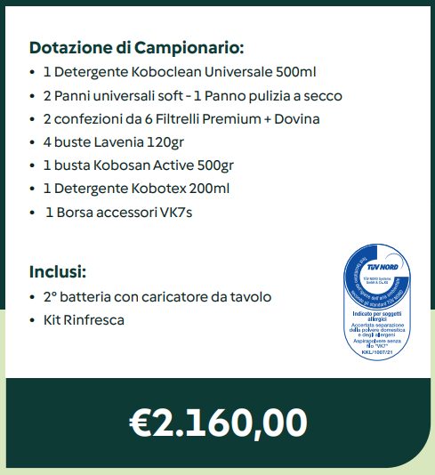 Folletto VK7s campionario — dotazione completa e prezzo €2.160